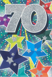 Glitter Party Age Greeting Card - Silver Stars (70th)