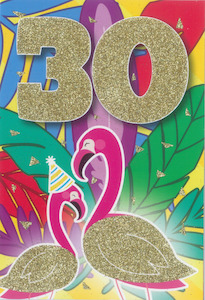 Glitter Party Age Greeting Card - Gold Flamingos (30th)