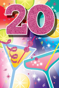 Glitter Party Age Greeting Card - Pink Martinis (20th)