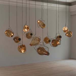 Chandeliers Pendants: Nebula Lighting Sculpture - 13 Bubbles - Amber Glass