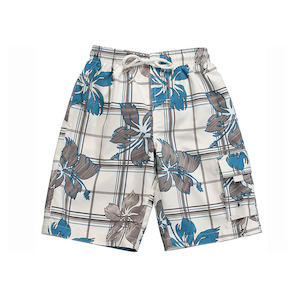 Snapper Rock Kids Swimwear: Boardies | White & Blue Hawaiian Print