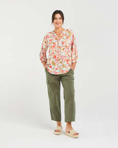Blackstone: Blackstone Celine Gathered Sleeve Top - Coral Blooming Flowers
