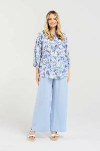 Blackstone Celine Gathered Sleeve Top - Blue Blooming Flowers