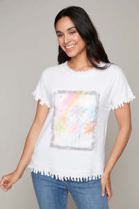 Tops: Carre Noir Tee with Floral Patch and Frayed edges