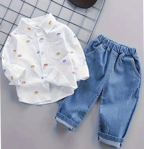 Boy Car Print Collar Button Down Long Sleeves Shirt & Denim Pant Set