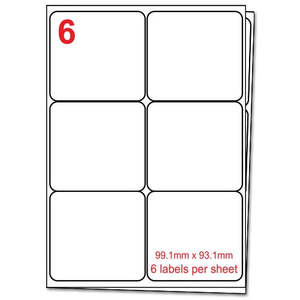 Box of A4 label sheets. 100 sheets per box, 6 labels per sheet