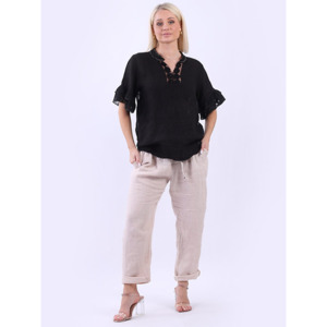 Italian Linen Bell Sleeve Top Black