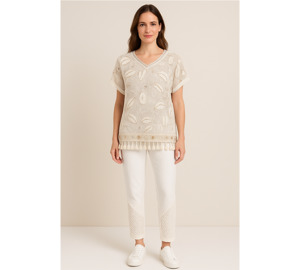 Lilliano: Metallic Leaf Mesh Top Natural