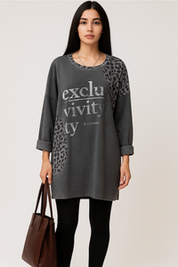 Suede Leopard Print Sweatshirt Charcoal