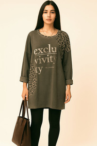 Suede Leopard Print Sweatshirt Khaki