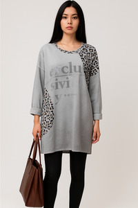 Suede Leopard Print Sweatshirt Light Grey