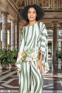 Round Neck Stripe Satin Top Green