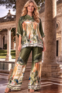 Satin Print Village Pants Green