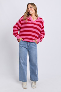 Stripe Hooded Knit Cranberry