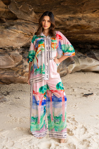 S: 3/4 Sleeve Tropical Print Shirt Pink
