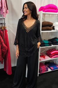 Lilliano: Silk/Lace Embroidery Top Black