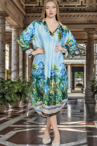 V Neck Tropical Print Boho Dress Blue