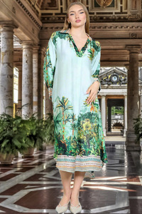V Neck Tropical Print Boho Dress Green