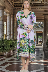 V Neck Tropical Print Boho Dress Pink