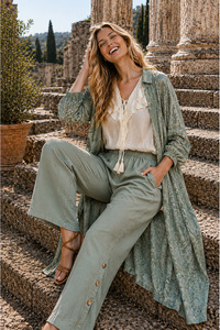 Lilliano: Wide Leg Linen Pants Khaki