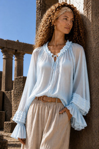 Tencel/Silk Pleat Sleeve Top Blue