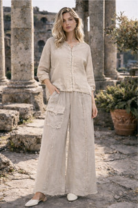Frayed Edge Linen Pants Beige