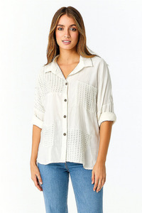 Mesh Button Down Linen Shirt White