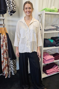 Mesh Button Down Linen Shirt Beige