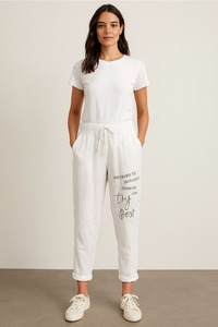 Metallic Word Linen Pants White