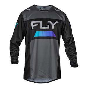 Mens Off Road Jerseys: Fly Racing 2024 Kinetic Reload Jersey - Charcoal / Black / Blue Iridium