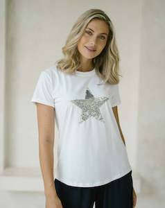 Tops 1: Star Sequin Tee - White/Silver