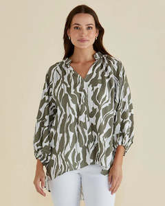 Tops 1: Betty Basics Grazia Blouse | Olive Geometric Print