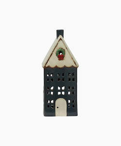 French Country 1: Christmas Tea Light House Blue with Wreath Large