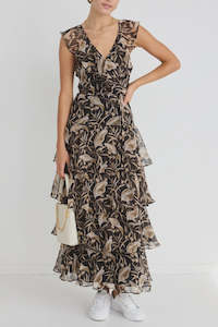 BY ROSA EVERYL FLORAL FLUTTER SLEEVE TIERED MAXI DRESS