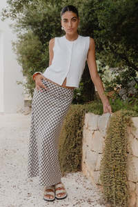 AMONG THE BRAVE SUMMIT GINGHAM COTTON BLEND TIE WAIST BIAS MAXI SKIRT