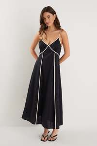 AMONG THE BRAVE MARINE CONTRAST PIPED LINEN STRAPPY DRESS