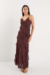 Georgia Mae: GEORGIA MAE GALORE CHOCOLATE BIAS RUFFLE SLIP MAXI DRESS