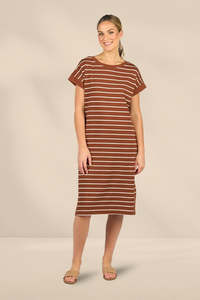 Vassalli Drop Sleeve T-shirt Dress Pecan Stripe