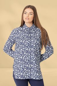 Luna Sky: Luna Sky Floral Scoop Shirt Navy