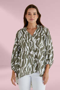 Warm Spring: Betty Basics Grazia Blouse Olive Geometric Print