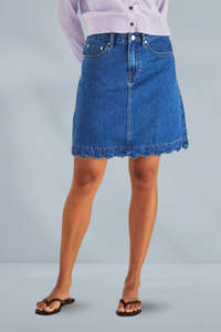 Sass Vale Scalloped Denim Skirt Mid Blue Wash