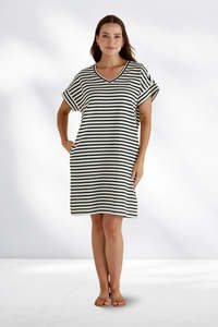 Betty Basics Elise V Neck Rib Dress White Black Stripe