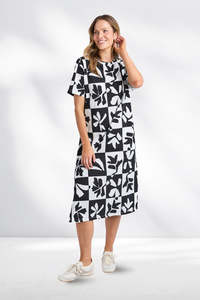 Playful: Elm Splice Dress Black and White Yardage Print