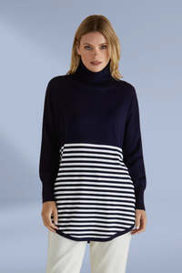 Clearance: Betty Basics Fleur Roll Neck Jumper Stripe Splice Navy