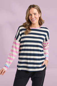 Best Sellers: Elm Gaeb Stripe Long Sleeve Tee White Navy and Pink