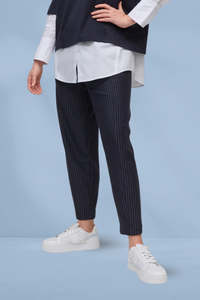 Marco Polo Pinstripe Ponte Barrel Pants Navy