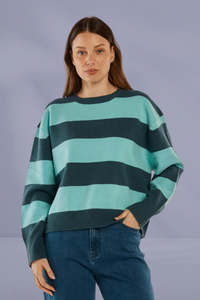 Betty Basics Leonie Knit Sweater Teal Green Blue Stripe