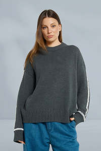 Betty Basics Contrast Stitch Sweater Charcoal