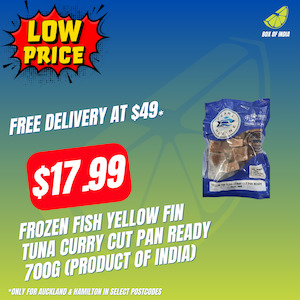 Frozen Meats Snacks: Frozen Fish Yellow Fin Tuna Curry Cut Pan Ready 700g (Product of India)