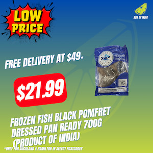 Frozen Meats Snacks: Frozen Fish Black Pomfret Dressed Pan Ready 700g (Product of India)